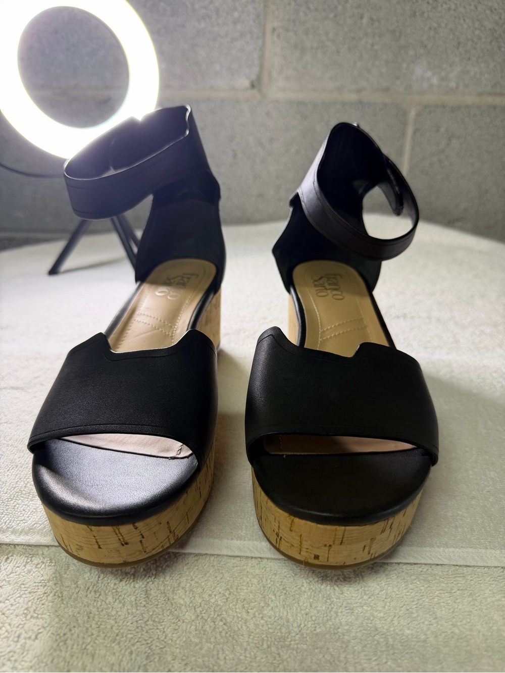 Franco Sarto Perfettp Black Cork Platform Wedge Sandals with Ankle Strap Sz 7.5